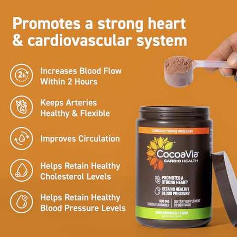 Pó de Cacau para Saúde Cardiovascular, 30 Porções, 500mg de Flavanóis de Cacau, Apoio à Saúde do Coração, Aumenta Óxido Nítrico, Melhora Circulação, Energia, Pré-treino, Vegano, Chocolate Amargo - CocoaVia