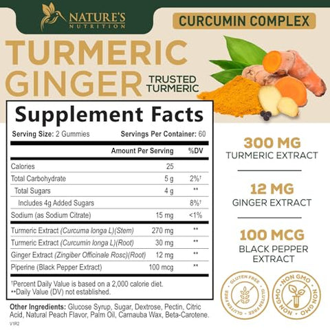 Nature's Nutrition - Gomas de Cúrcuma Curcumina e Gengibre com Extrato de Pimenta Preta, Alta Absorção Potente 95%% Curcuminoides Suplemento de Cúrcuma Curcumina da Natureza, Comprimidos de Goma de Cúrcuma para Articulações