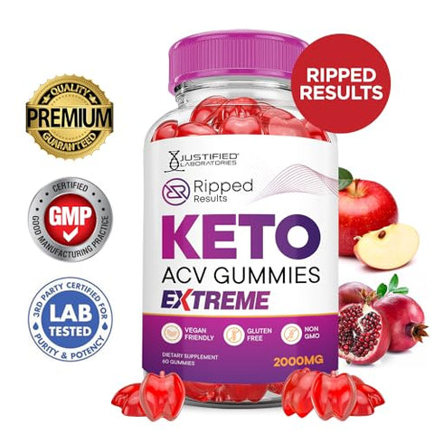 Justified Laboratories - (2 Pacotes) Gummies Extreme Ripped Results Keto ACV 2000MG – Gummies Ripped Results Keto de Vinagre de Maçã Formulados com Suco de Romã e Beterraba em Pó B12 Vegan Non GMO 120 Gummys