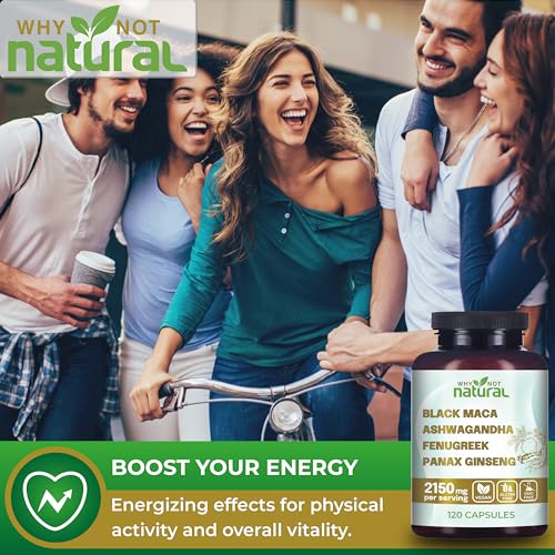 Cápsulas Orgânicas de Raiz de Maca Preta, Ashwagandha, Feno-grego e Ginseng Panax 4 em 1 para Homens e Mulheres (120 Unidades) - Why Not Natural