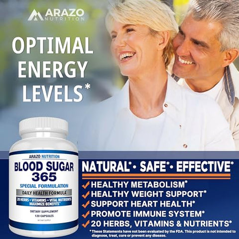 Blood Sugar 365 – Níveis de Energia Saudáveis – 120 Cápsulas Naturais – Fornecimento de 60 Dias - Arazo Nutrition