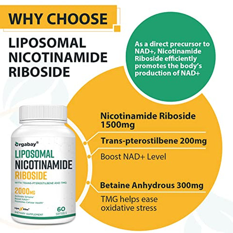 Orgabay - Liposomal Nicotinamida Ribosídeo 2000 MG com TMG e Pterostilbeno, Aumentando o NAD, Apoio ao Envelhecimento Saudável, 120 Comprimidos
