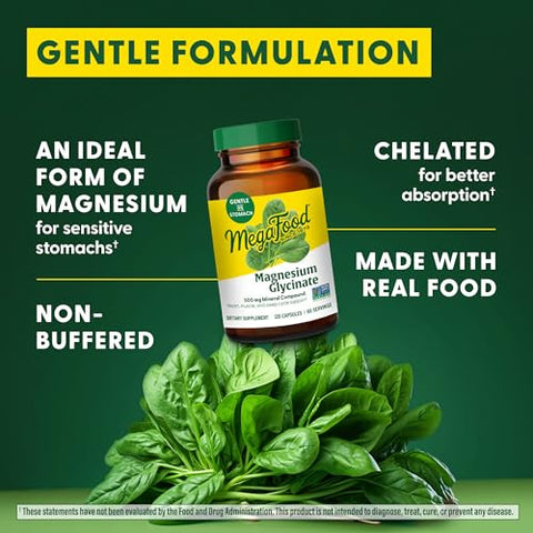 Magnesium Glycinate 500mg – Suplemento de Magnésio Quelato – 60mg de Magnésio Elemental – Suave no Estômago – Suporta o Ciclo Normal do Sono - MegaFood
