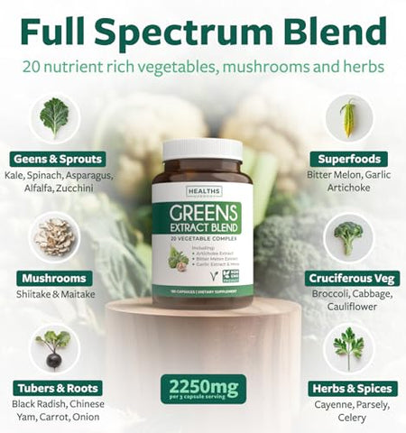 Healths Harmony - Super Greens Antioxidantes Superfoods 2250mg – 20 Ingredientes com Brotos, Cogumelos, Raízes, Alho, Melão Amargo, Alcachofra, Semente de Aipo, Pimenta Caiena, Alfafa NON