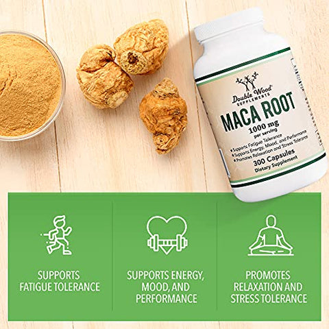 Double Wood Supplements - Cápsulas de Raiz de Maca para Mulheres e Homens, 300 Unidades (1.000mg de Pó de Maca Preta, Vermelha e Amarela por Porção) Cultivadas no Peru (para Energia, Desempenho, Motivação) por Double Wood