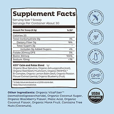 Calming Blue Spirulina Blend – Pó de Superfood de Algas Certificado pelo USDA – Com Raiz de Ashwagandha, Melissa, Cogumelo Reishi, Vitaminas B – Sabor Refrescante de Coco e Frutas Vermelhas - KOS