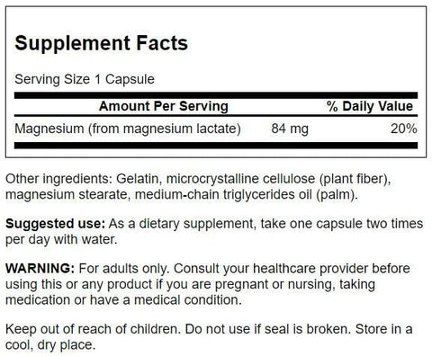 Magnesium Lactate – Suplemento Mineral para Apoio à Saúde Muscular e Óssea – Fórmula Mineral de Lactato Livre de Lactose para Absorção Suave – (120 Cápsulas, 84mg Cada) - Swanson