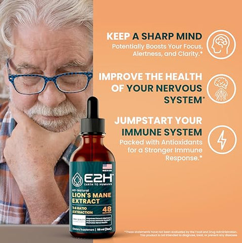 E2H EARTH TO HUMANS - Lions Mane Líquido – Suplemento de Cogumelo do Leão – Promove Clareza Mental, Memória – 30ml