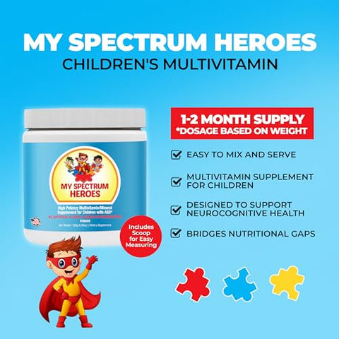 My Spectrum Heroes - Multivitamínico Infantil em Pó – Fácil de Misturar, Melhor Absorção, Não-OGM, Sem Glúten, Sem Ingredientes Artificiais – Ajuda Neural para Crianças no Espectro – [Nome da Marca]