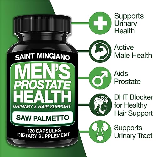 Saint Mingiano - Saúde da Próstata Masculina – 120 Cápsulas de Suplementos Avançados para Homens com Saw Palmetto, Apoiando a Função Urinária e a Saúde Capilar – Fornecimento de 3 Meses de Ervas Naturais