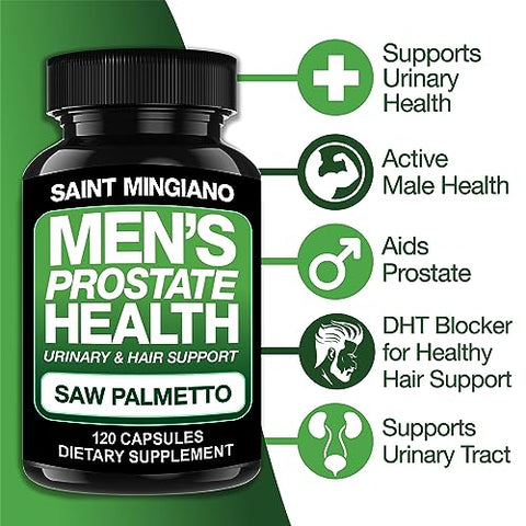 Saint Mingiano - Saúde da Próstata Masculina – 120 Cápsulas de Suplementos Avançados para Homens com Saw Palmetto, Apoiando a Função Urinária e a Saúde Capilar – Fornecimento de 3 Meses de Ervas Naturais
