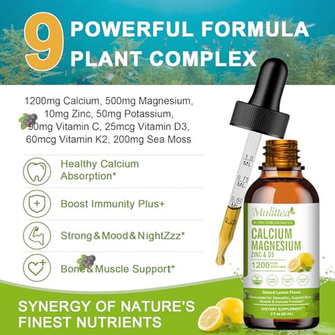 Mulittea - Suplemento de Cálcio Magnésio Zinco com Glicinato de Magnésio 500mg Mais Vitamina C D3 K2 | Fornecimento de 2 Meses | Suplemento de Cálcio com Vitamina D3 K2 em Gotas Líquidas | Sem Glúten | Embalagem com 2 Unidades