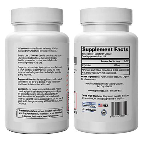 L-Tyrosine Natural Puro NonGMO – 500 mg, 120 Cápsulas Vegetais – Suporte para Clareza Mental – Estimula a Alerta – Aumenta a Energia – Suplemento Alimentar para Calmaria - Superior Labs