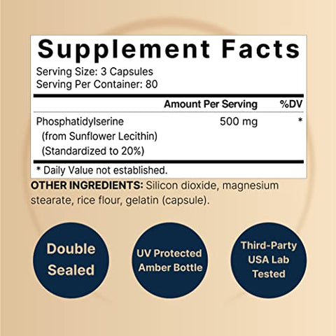 NatureBell - Suplemento Ultra Strength de Fosfatidilserina 500mg por Porção, 240 Cápsulas | Livre de Soja, Derivado de Lecitina de Girassol – Suporta a Saúde Cognitiva e a Função Cerebral – Não-OGM