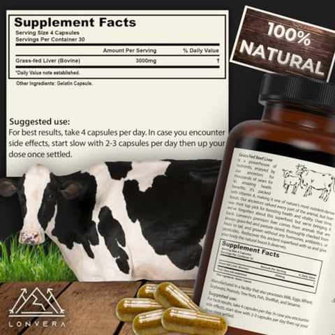 Lonvera - Cápsulas de Fígado Bovino de Pasto | Suplemento de Fígado Desidratado | Comprimidos de Fígado Liofilizados | 30 Porções | 3000 mg | 120 Unidades