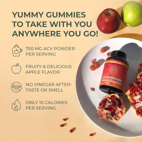 Gummies de Vinagre de Maçã, 60 Gomas Sem Açúcar de Vinagre de Maçã, Beterraba e Romã para Apoiar a Imunidade, Digestão e Desintoxicação 750 MG - Primal Harvest