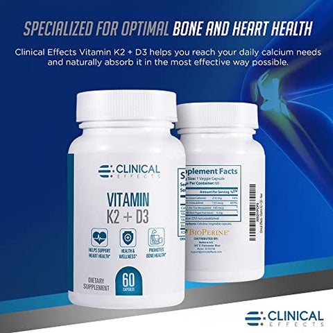 Vitamina K2 D3 – Suplemento de Vitamina K2 D3 com Extrato de Pimenta Preta Bioperina e Cálcio para Suporte à Saúde Óssea e Cardíaca – 60 Cápsulas – Máxima Absorção – Marca Clinical Effects - Clinical Effects