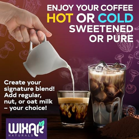 WIXAR NATURALS - WIXAR Café Instantâneo em Pó Superfood de Cogumelo – 10 Extratos Superfood com Lion’s Mane, Turkey Tail, Reishi, Chaga, Shiitake, Ashwagandha, Rhodiola Rosea, Elderberry – 100g