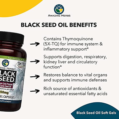 Óleo de Semente de Cominho Preto Premium Amazing Herbs – Alta Potência, Extraído a Frio de Nigella Sativa Auxilia na Saúde Digestiva, Suporte Imunológico – 60 Cápsulas