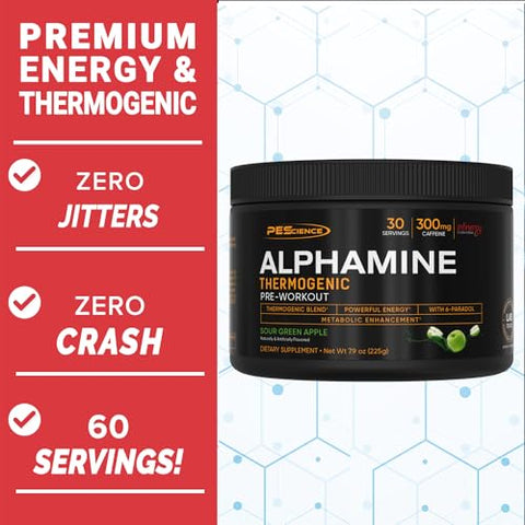 Alphamine: Pó Energético Termogênico com L-Carnitina, Sabor Maçã Verde, 60 Porções - PEScience