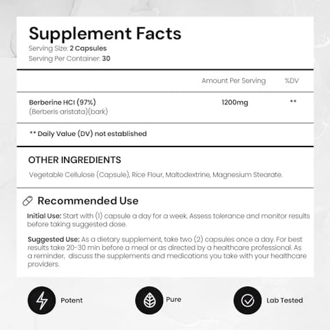 Premium Berberine HCL 1200mg com BioPerine® – Pureza Testada de 97% – Suplemento de Berberina de Alta Potência – Berberina Plus – Fabricado nos EUA (60 Cápsulas) - ACEWORKZ