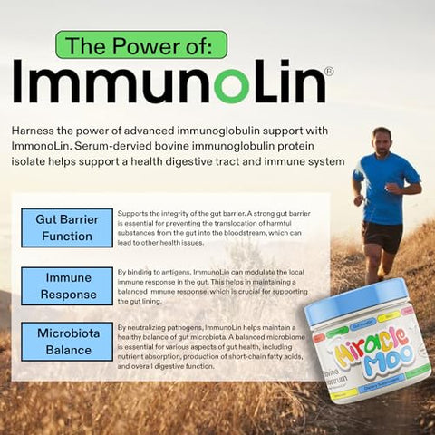 Miracle Moo - Suplemento de Colostro para Saúde Intestinal, Crescimento Capilar, Beleza e Suporte Imunológico – Pó Bovino de Pasto Fácil de Misturar – Maior IgG Plus ImmunoLin, Sem Sabor (30 Porções)