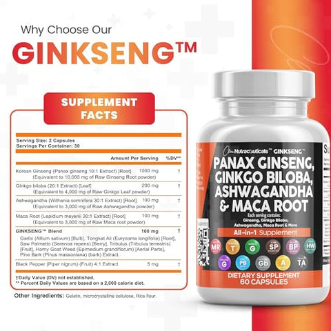 Panax Ginseng 10000mg, Ginkgo Biloba 4000mg, Ashwagandha Maca Root 3000mg – Suplemento para Foco com Extrato de Casca de Pinheiro, Alho e Semente de Saw Palmetto – Mulheres e Homens – 60 Cápsulas - Clean Nutraceuticals