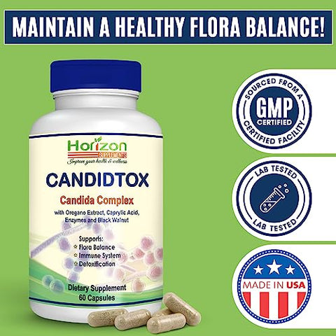 Horizon Supplements - Candida Cleanse Support and Detox com Ervas Naturais, Probióticos e Óleo de Orégano. Suplemento Extra Forte para Candidíase em Homens e Mulheres