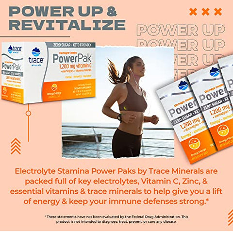 Power Pak Pacotes de Pó Eletrólito Sem Açúcar | 1200 mg Vitamina C, Zinco, Magnésio | Reforça a Imunidade, Hidratação e Energia Natural | Amigo do Keto | Sabor Laranja - Trace Minerals
