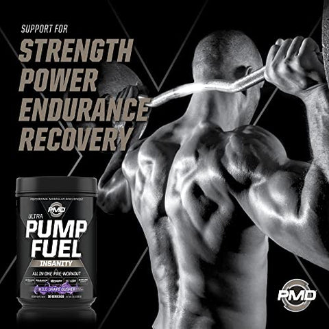 Sports Ultra Pump Fuel Insanity – Bebida Pré-Treino para Energia, Força, Resistência, Recuperação – Carboidratos Complexos e Energia Amino – Sabor Uva Selvagem (30 Porções) - PMD