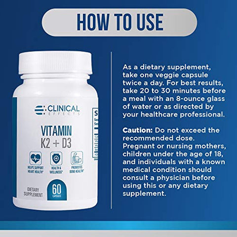 Vitamina K2 D3 – Suplemento de Vitamina K2 D3 com Extrato de Pimenta Preta Bioperina e Cálcio para Suporte à Saúde Óssea e Cardíaca – 60 Cápsulas – Máxima Absorção – Marca Clinical Effects - Clinical Effects