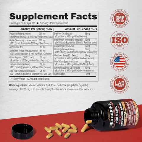 NUTRAHARMONY - Berberine com Canela do Ceilão 10000 mg com Vinagre de Maçã | Espinheiro | Bergamota Cítrica | Melão Amargo – Suplemento 15 em 1 para Suporte Cardíaco e Metabolismo