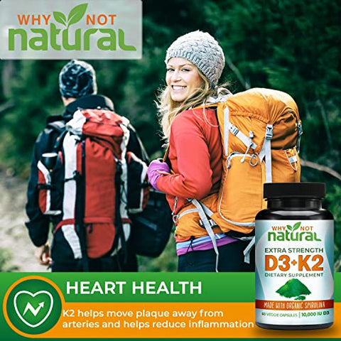 Why Not Natural - Vitamina D3 K2 (MK-7) com Spirulina Orgânica, 10000 UI Suplemento Extra Forte em Cápsulas Vegetais, Suporta Saúde Óssea, Sistema Imunológico e Humor