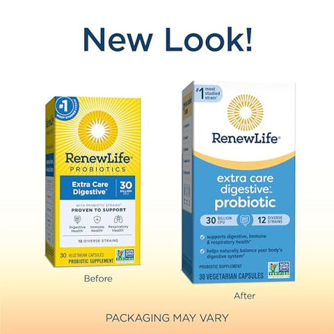 Cápsulas Probióticas Digestivas Extra Care, Suporte Diário para a Saúde Imune, Digestiva e Respiratória, L. Rhamnosus GG, Livre de Laticínios, Soja e Glúten, 30 Bilhões de UFC - Renew Life