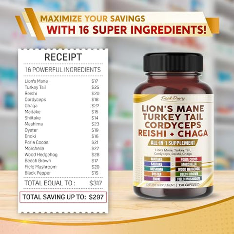 PEAKPURY - Lion’s Mane 6000mg Turkey Tail 6000mg Cordyceps 3000mg Reishi 3000mg Chaga 3000mg – Suporte Geral ao Bem-Estar – Fabricado nos EUA