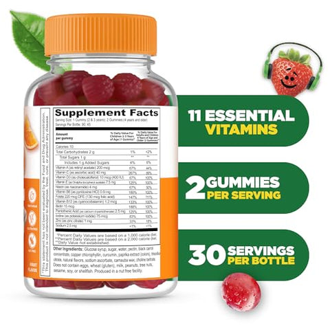Kids Multivitamina – Sabor Natural Incrível – Goma Vegetariana Livre de OGM – Suplemento Vitamínico com Vitaminas A, C, D, E, B6, B12, Zinco, Biotina, Ácido Fólico, Iodo - Lifeable