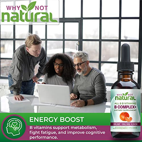 Why Not Natural - Vitaminas B Líquidas Naturais – Complexo Orgânico para Mulheres – Vegano e Sublingual – B1 B2 B3 B5 B6 Biotina Folato e Colina – Fórmula Anti-Stress – 30ml