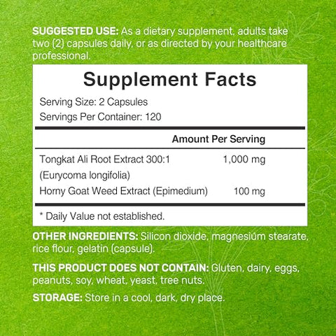 DEAL SUPPLEMENT - Extrato de Tongkat Ali 300:1 com Erva Daninha Horny Goat Weed 1.100mg, 240 Cápsulas – Longjack Indonésio