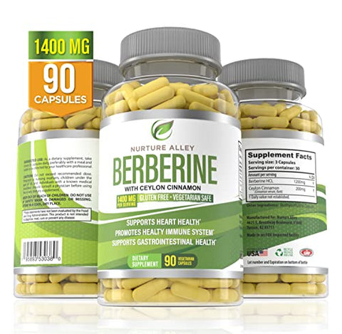 NURTURE ALLEY - Berberine Complex – 1200mg de Berberina HCL + 200mg de Canela Ceylon Orgânica – 90 Cápsulas – Suporte ao Metabolismo, Sistema Imunológico – Suplemento de Berberina HCI