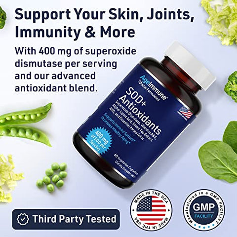 AgeImmune - SOD Complexo Antioxidante para Envelhecimento Saudável – 400mg de Superóxido Dismutase – Ácido Alfa Lipóico – L-Arginina – Lisina – AKG – Vitamina A – Vitamina E para Suporte Imunológico – 60 cápsulas