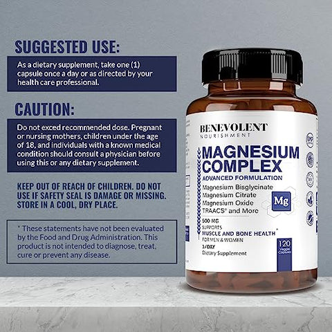 Benevolent Nourishment - Suplemento Complexo de Magnésio, 4 Meses de Fornecimento de 500mg 5-em-1 Magnésio Glicinato, Óxido, Taurato, Quelato, Citrato, Suplemento de Magnésio de Máxima Absorção para Calma e Sono