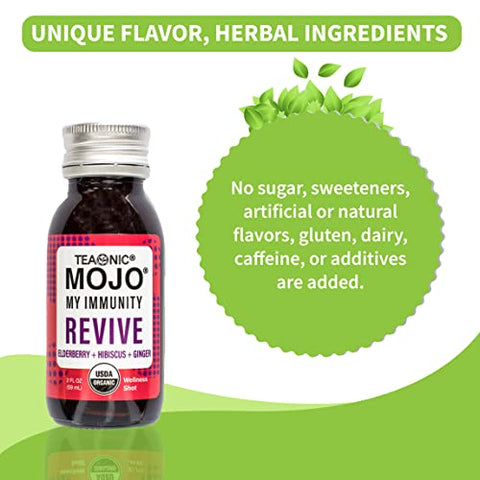 My Immunity Mojo: Revive, Suco Herbal com Sabugueiro, Hibisco e Gengibre, Orgânico Certificado pelo USDA, Vegano, Sem Glúten, 12 Pacotes, 60 ml Cada (12x60ml) - TEAONIC
