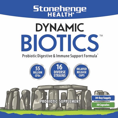 Probióticos 55 Bilhões UFC – 16 Cepas, Prebiótico, Simbióticos Dynamic Biotics – Lactobacillus Acidophilus, Liberação Retardada, Estável em Prateleira, Sem OGM Sem Glúten - Stonehenge Health