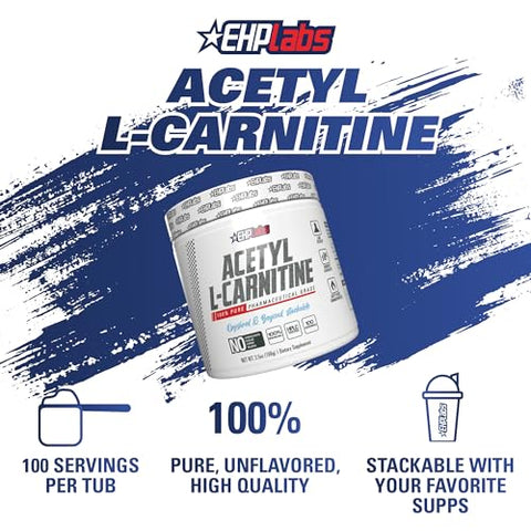 Acetyl L Carnitine em Pó – Energia Natural, Função Cerebral Saudável, Saúde do Coração – Vegano, Sem Glúten, Não Transgênico – 100 Porções - EHP Labs