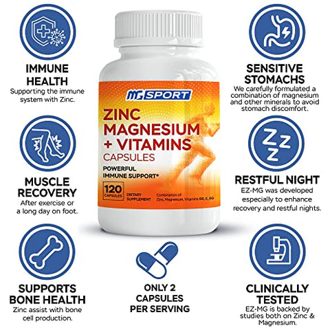 Suplemento de Magnésio e Zinco com Vitaminas B6 e B9, Alta Absorção para Suporte Imunológico, Recuperação Muscular, EZ-MG Fácil no Estômago, 120 Cápsulas - MgSport