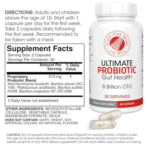 Ultimate Probiótico Vegicaps – Restauração Metabólica Diária, Sobrevivência Comprovada, Cápsulas Probióticas de Bacillus Multicepa Verificadas por DNA (1 Frasco – 60 cápsulas) - Silver Fern