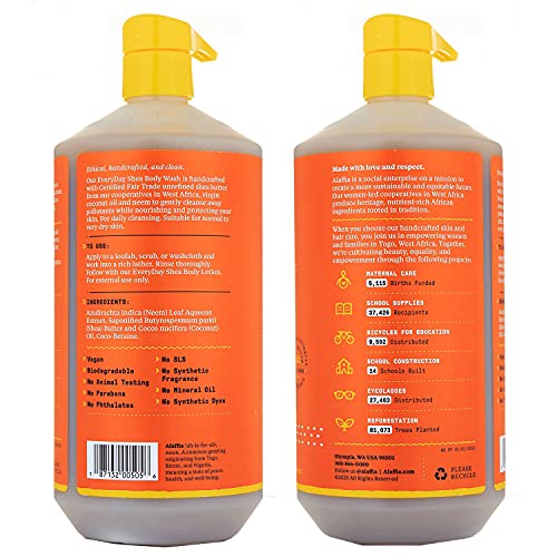 Everyday Shea Body Wash – Hidratação e Limpeza Natural com Manteiga de Karité de Comércio Justo, Neem e Óleo de Coco – Sem Perfume – 2 Pacotes de 960ml (32g) - Alaffia