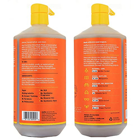 Everyday Shea Body Wash – Hidratação e Limpeza Natural com Manteiga de Karité de Comércio Justo, Neem e Óleo de Coco – Sem Perfume – 2 Pacotes de 960ml (32g) - Alaffia
