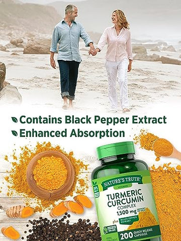 Nature's Truth - Nature’s Truth Complexo de Curcumina de Açafrão-da-terra | 1500mg | 200 Cápsulas | com Extrato de Pimenta Preta | Não-OGM