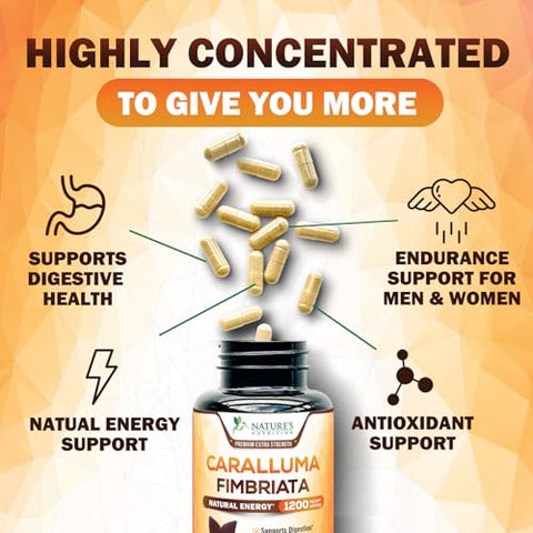 Nature's Nutrition - Extrato Puro de Caralluma Fimbriata Altamente Concentrado 1200mg – Cápsulas Naturais de Caralluma Fimbriata para Suporte à Resistência, Melhor Suplemento Vegano para Homens